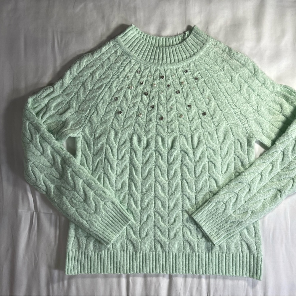 Cato Mint  Cable Knit SweaterWith Pearl/ Rhinestone Embellishments Size S
